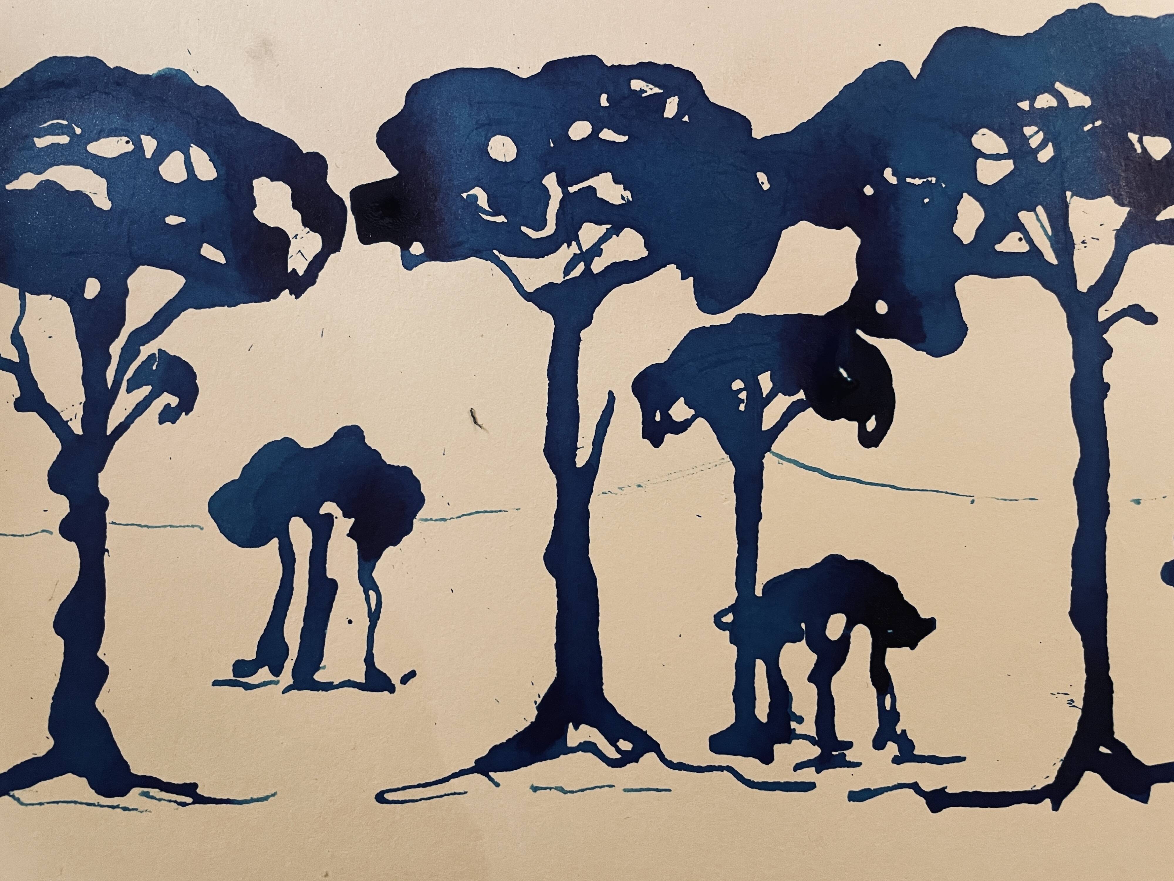 Painting, monochrome watercolor "Twilight over the Pine Forest" Provence, signed