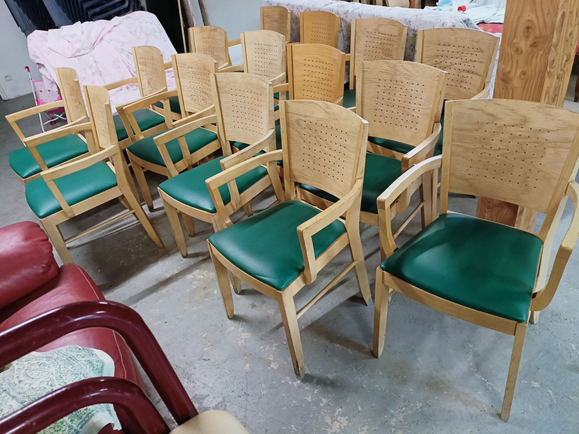 Set of 16 vintage Fameg wooden bistro armchairs