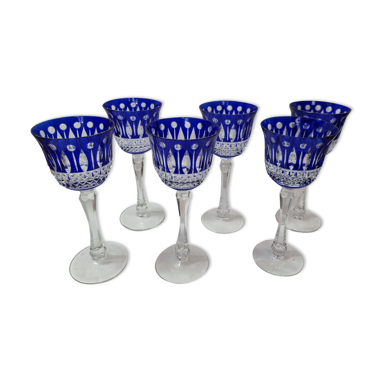 6 crystal blue foot glasses St Louis, 1970-80