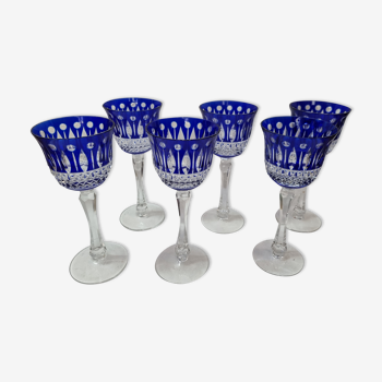 6 verres à pieds bleu cristal St Louis, 1970-80