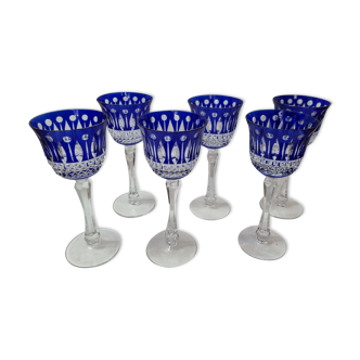 6 crystal blue foot glasses St Louis, 1970-80