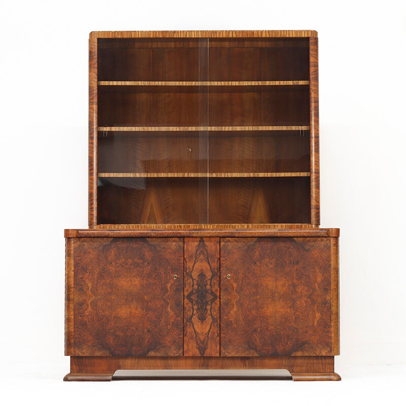 Walnut Art Deco Design Bookcase / Cabinet / Display Case