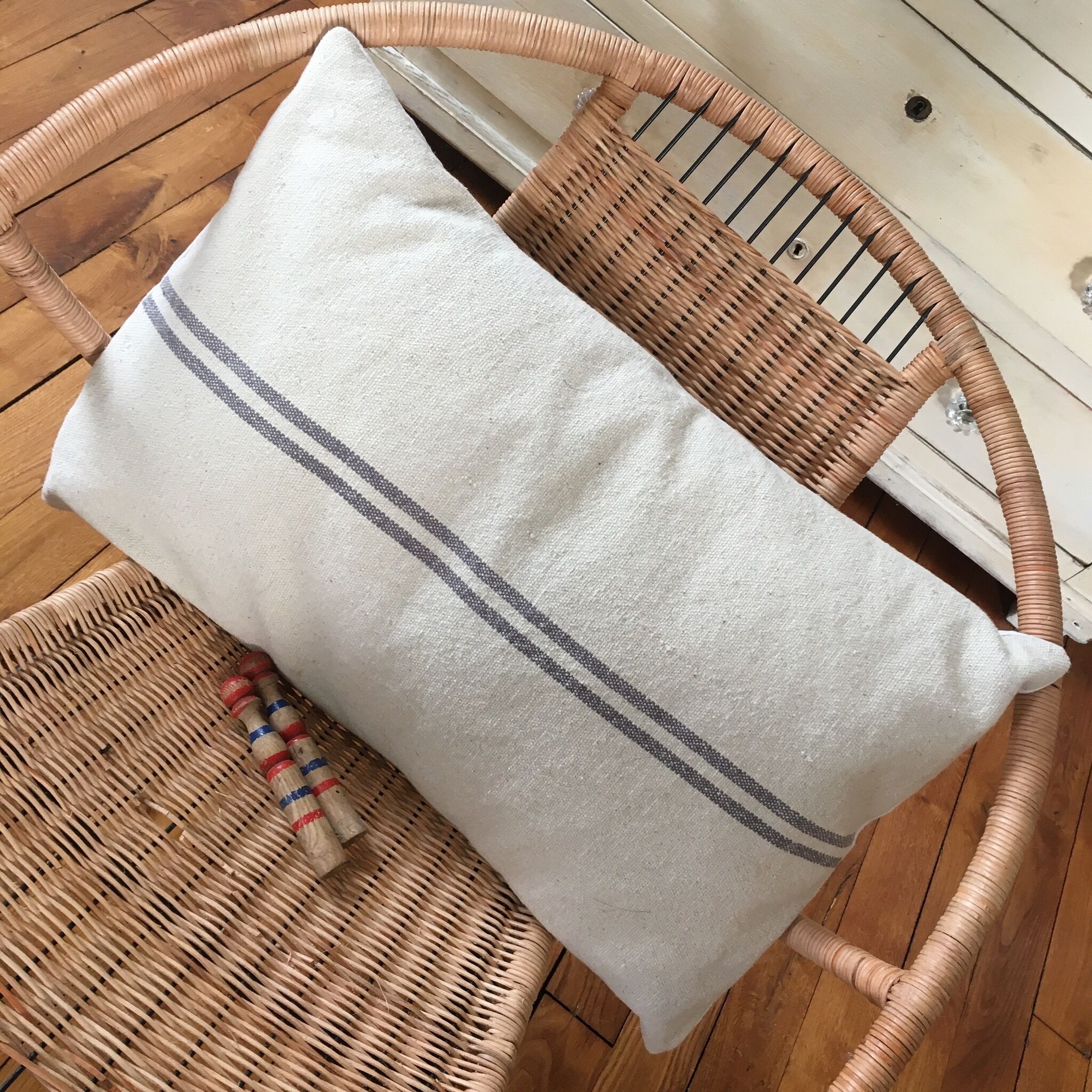 Large grey striped hemp cushion 60 x 40cm