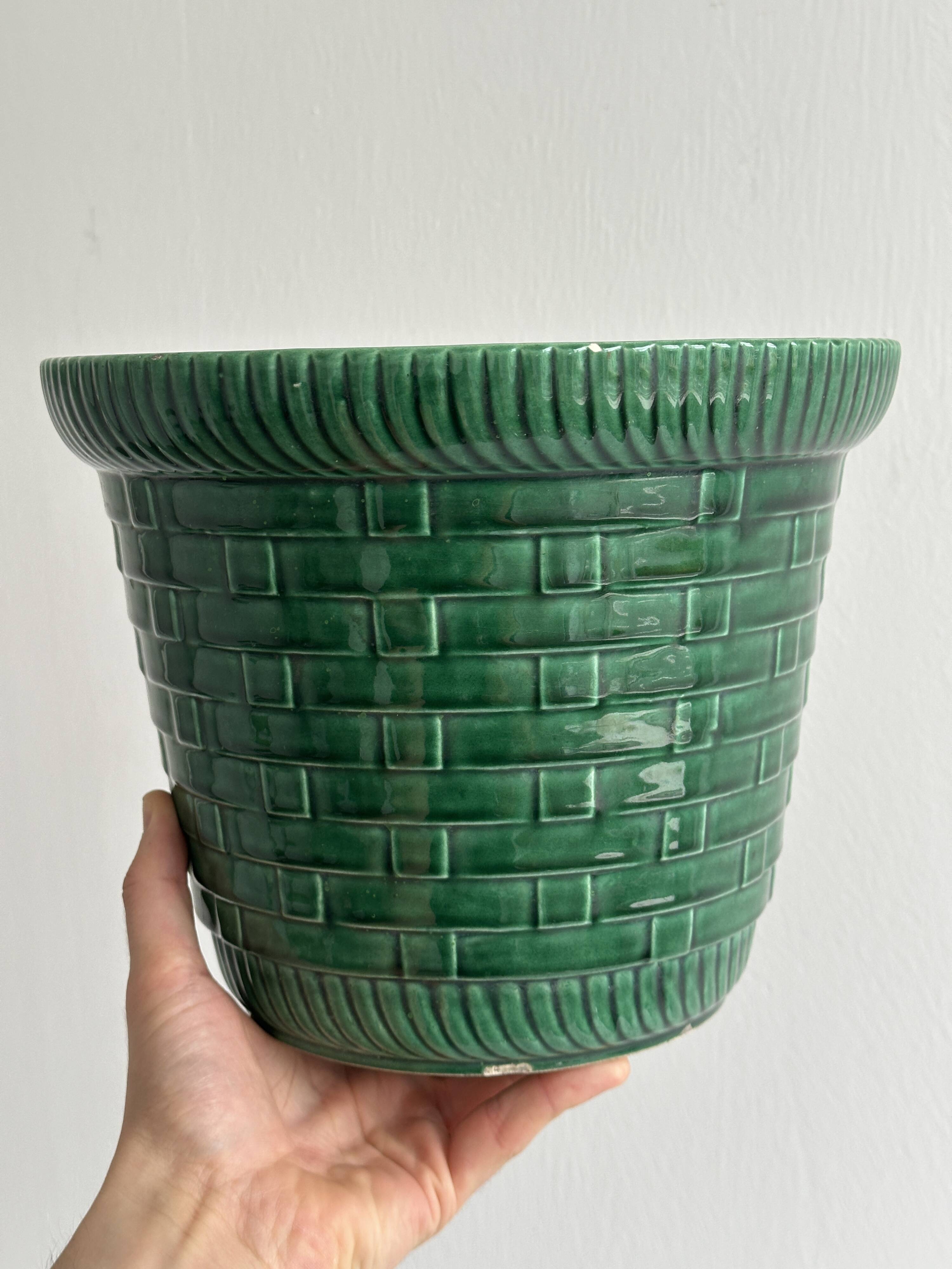 Cache-pot vintage en céramique verte