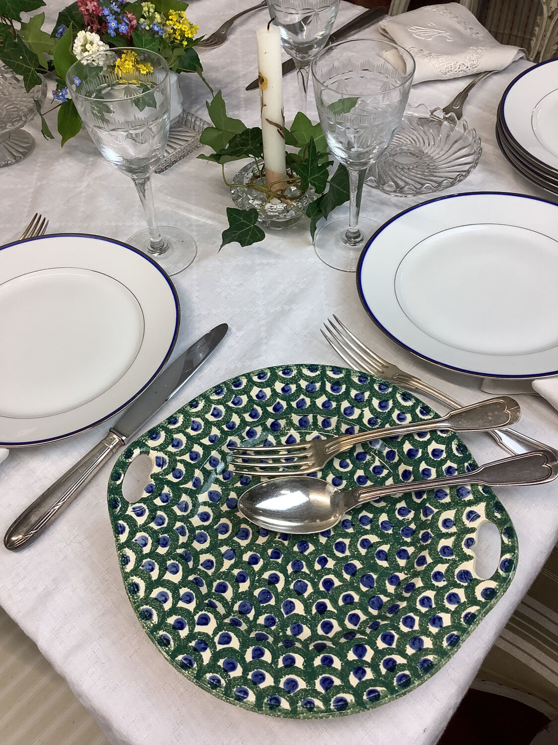 Round dish with old handles made in France Sarreguemines U&C