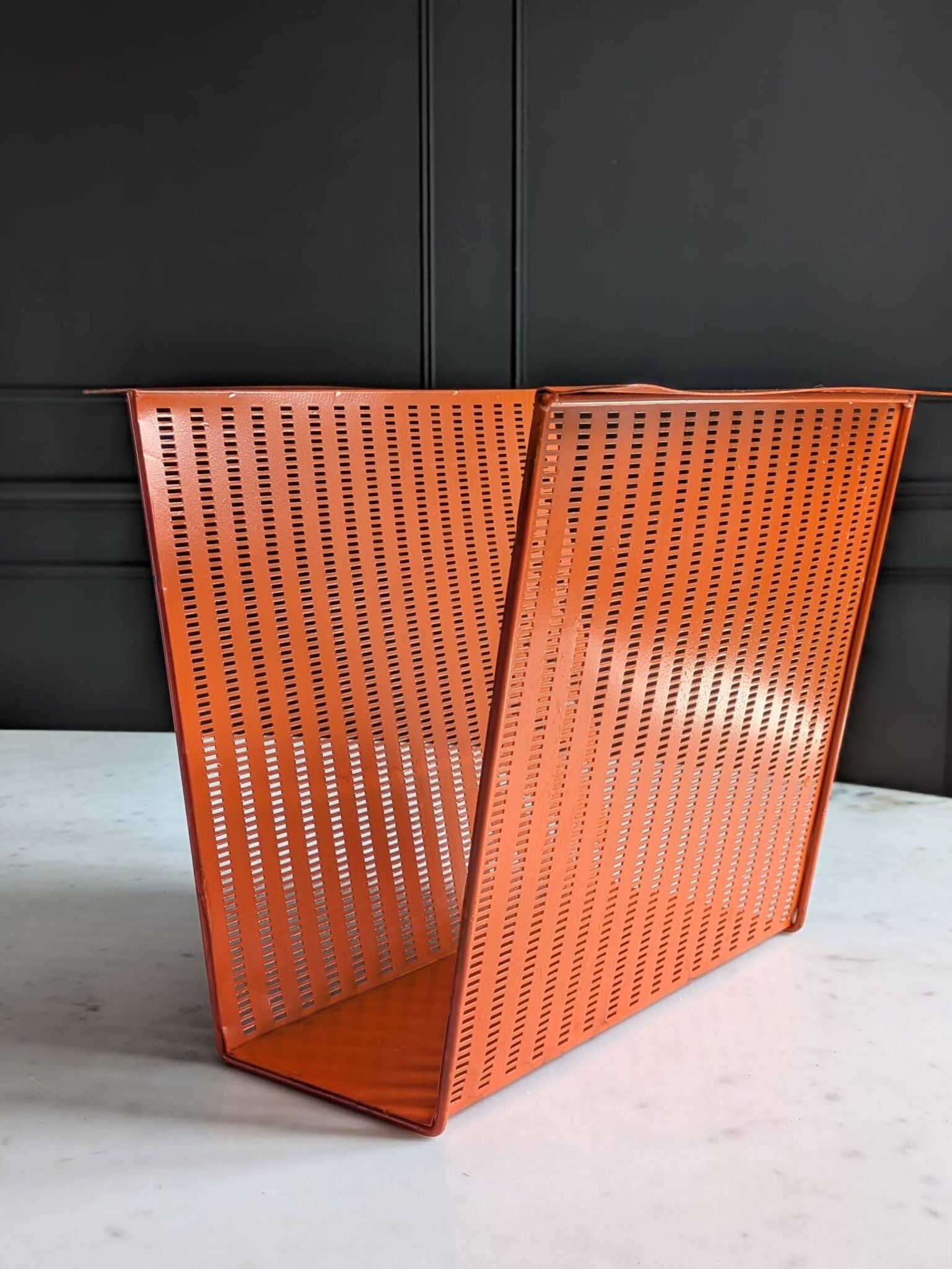 Vintage metal magazine rack in perforated orange/Mathieu Mategot style/70s