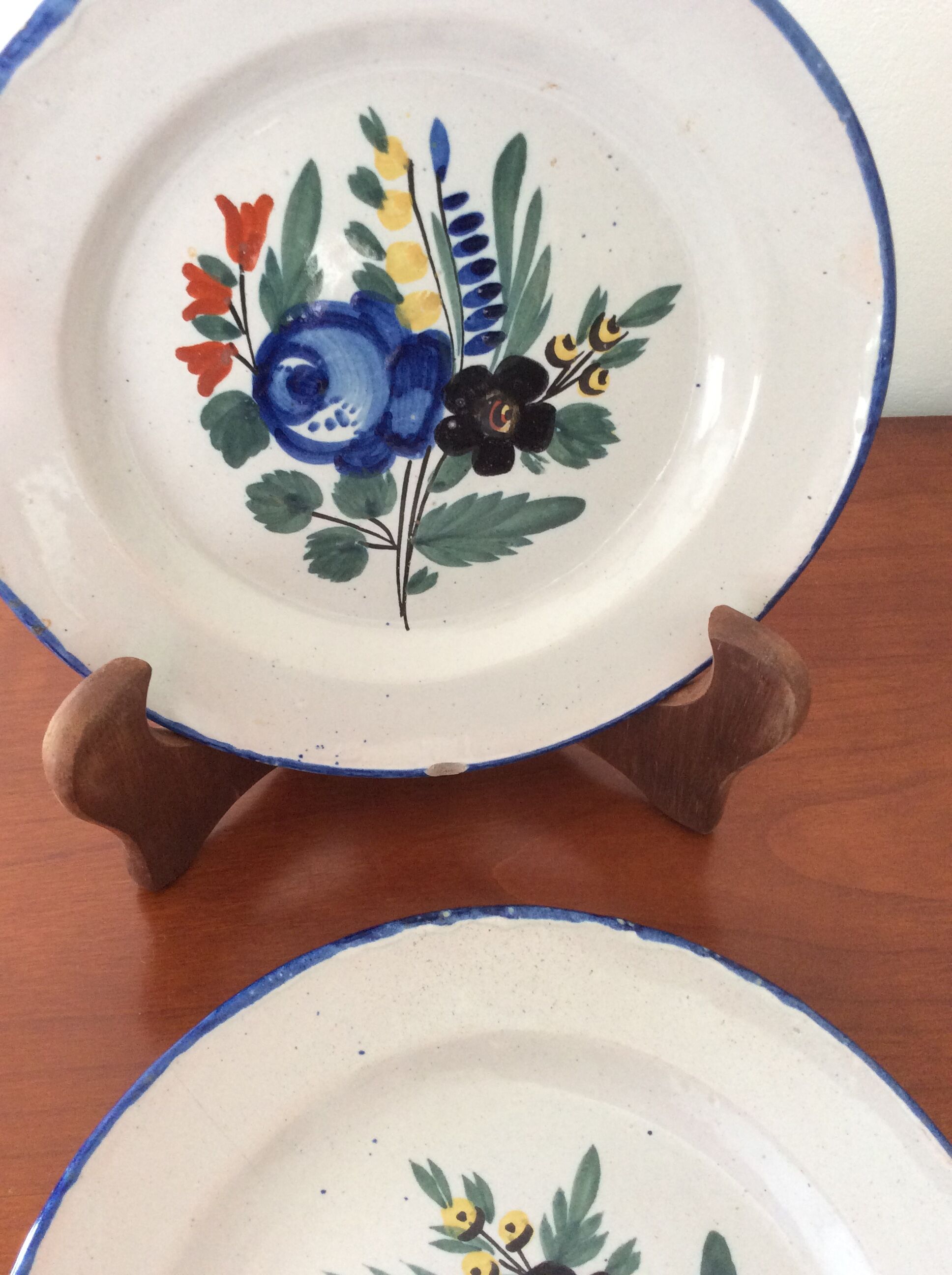 Set of 2 old painted terracotta plates enamelled