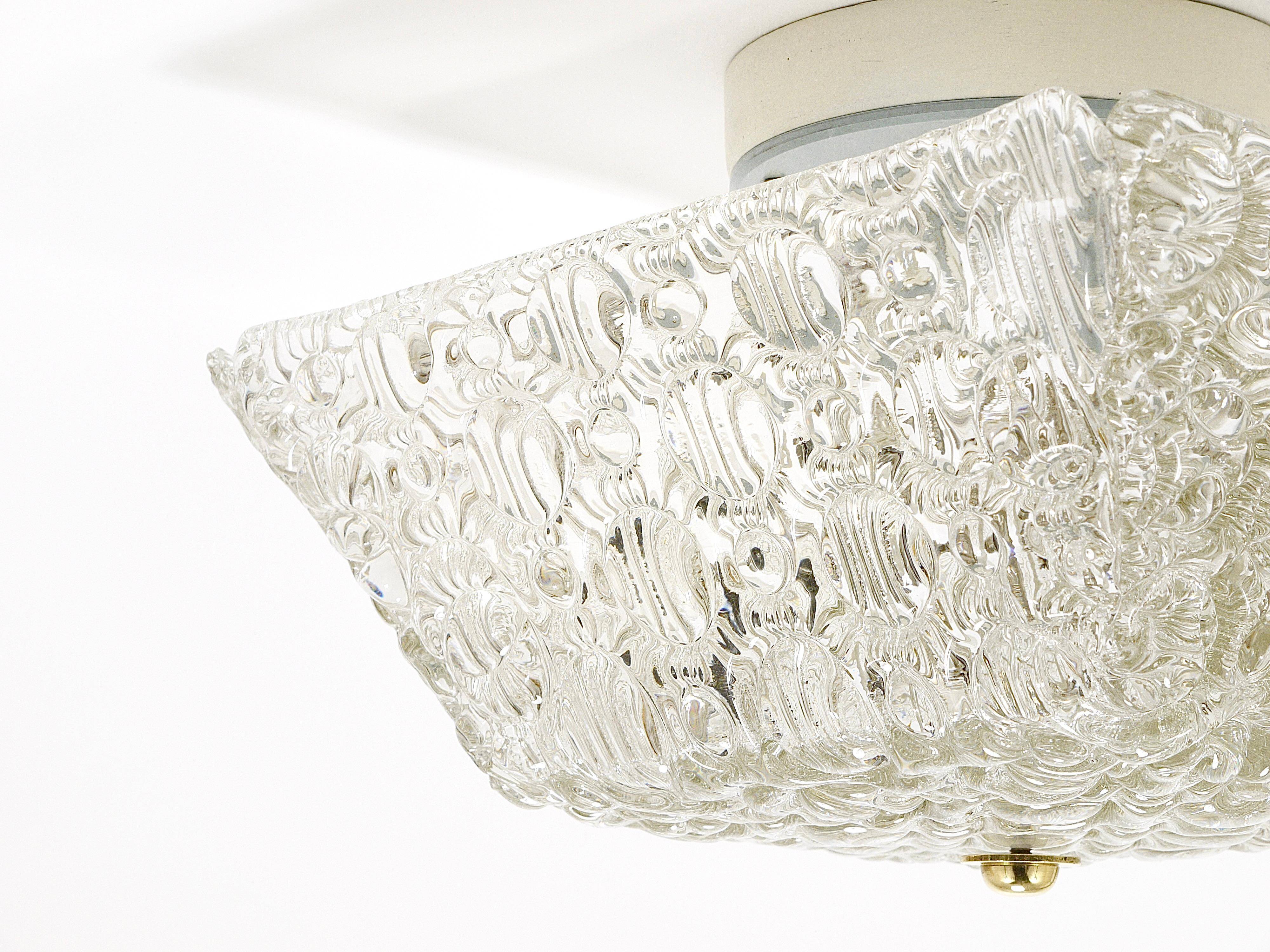 J.T. Kalmar Square Applique Ceiling Light in Brass and Textured Glass, 1950s