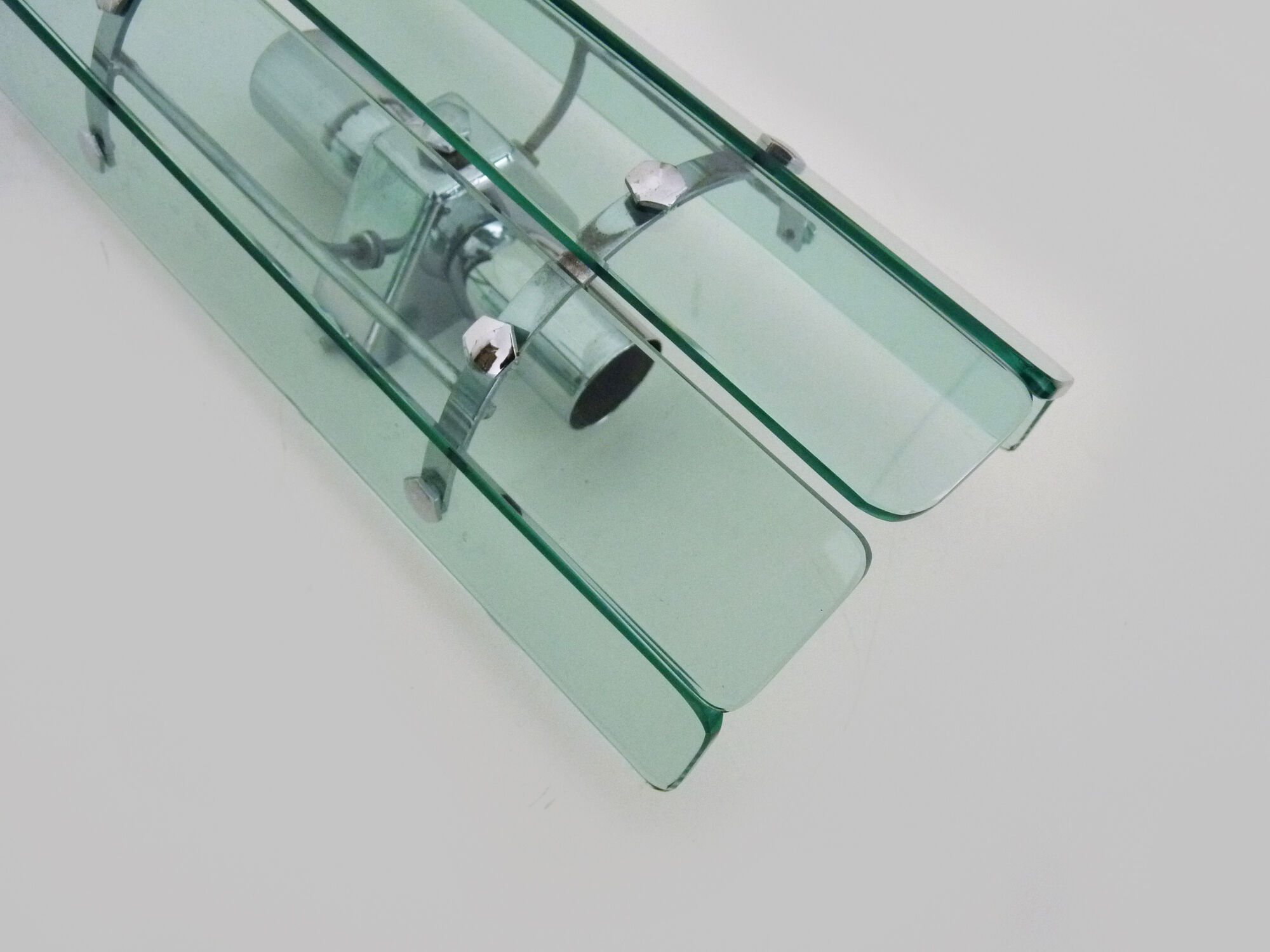 Pair of Italian Veca wall lamps in bluish glass, chrome, double lights