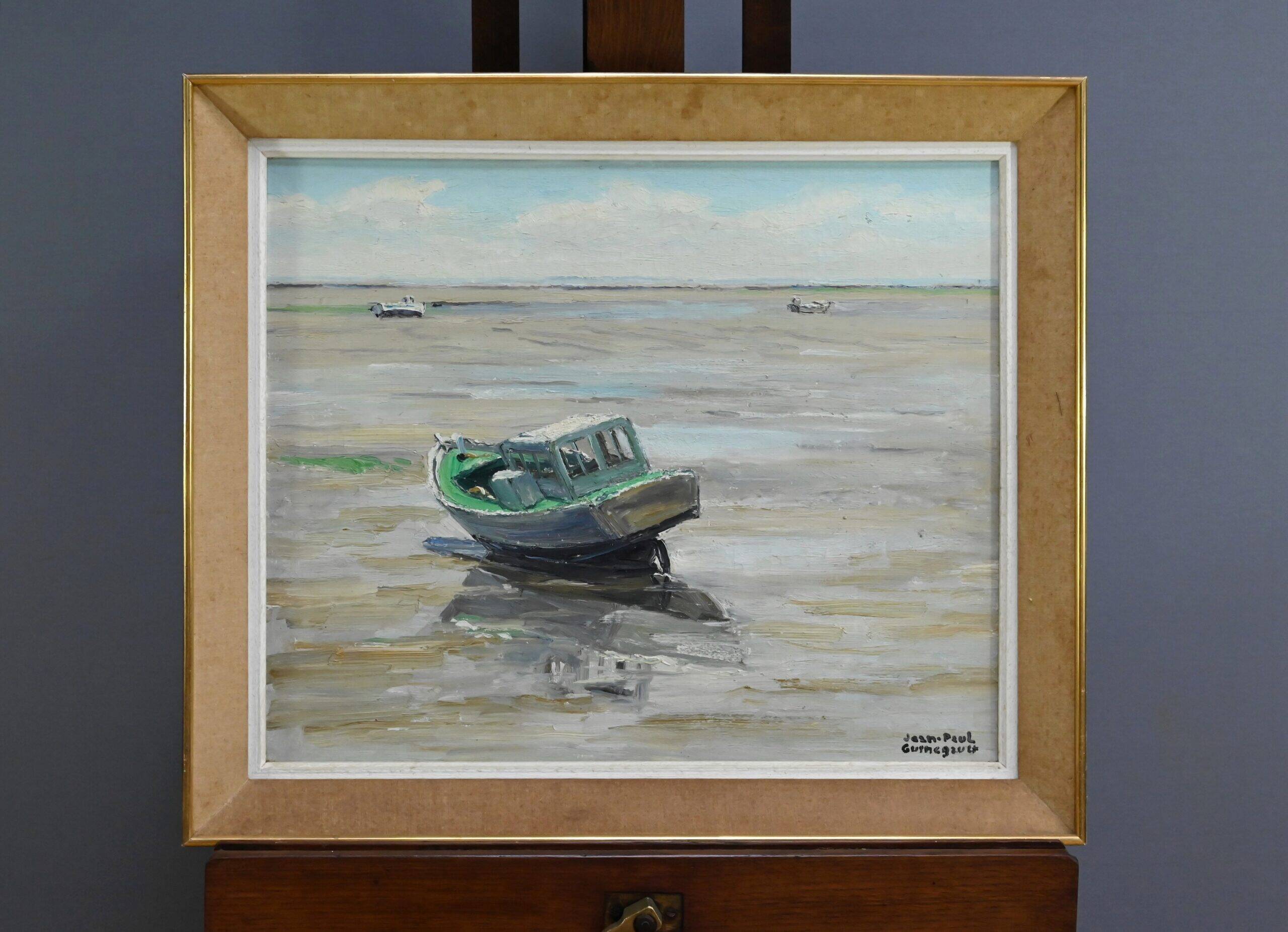 Painting "Boat at Low Tide", signed J-P. Guinegault – 2nd part of the 20th century
