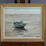 Painting "Boat at Low Tide", signed J-P. Guinegault – 2nd part of the 20th century