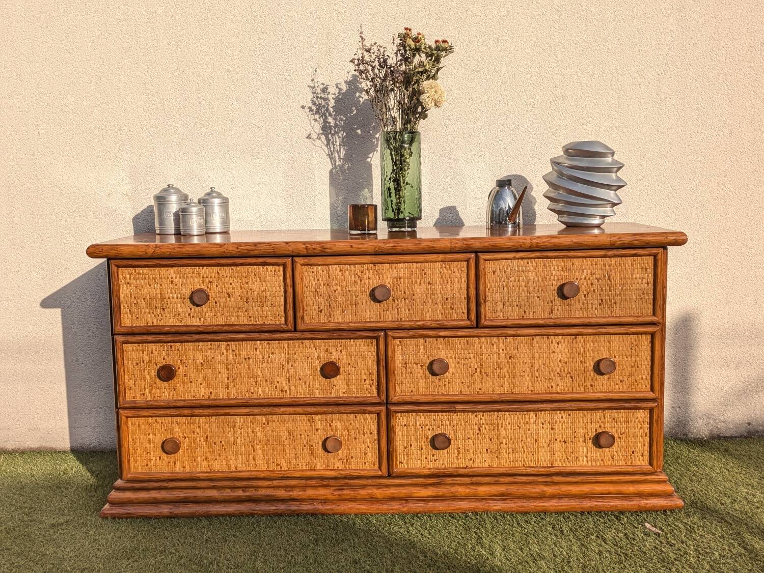 Vintage Enfilade Commode Maugrion Rattan - Roche Bobois