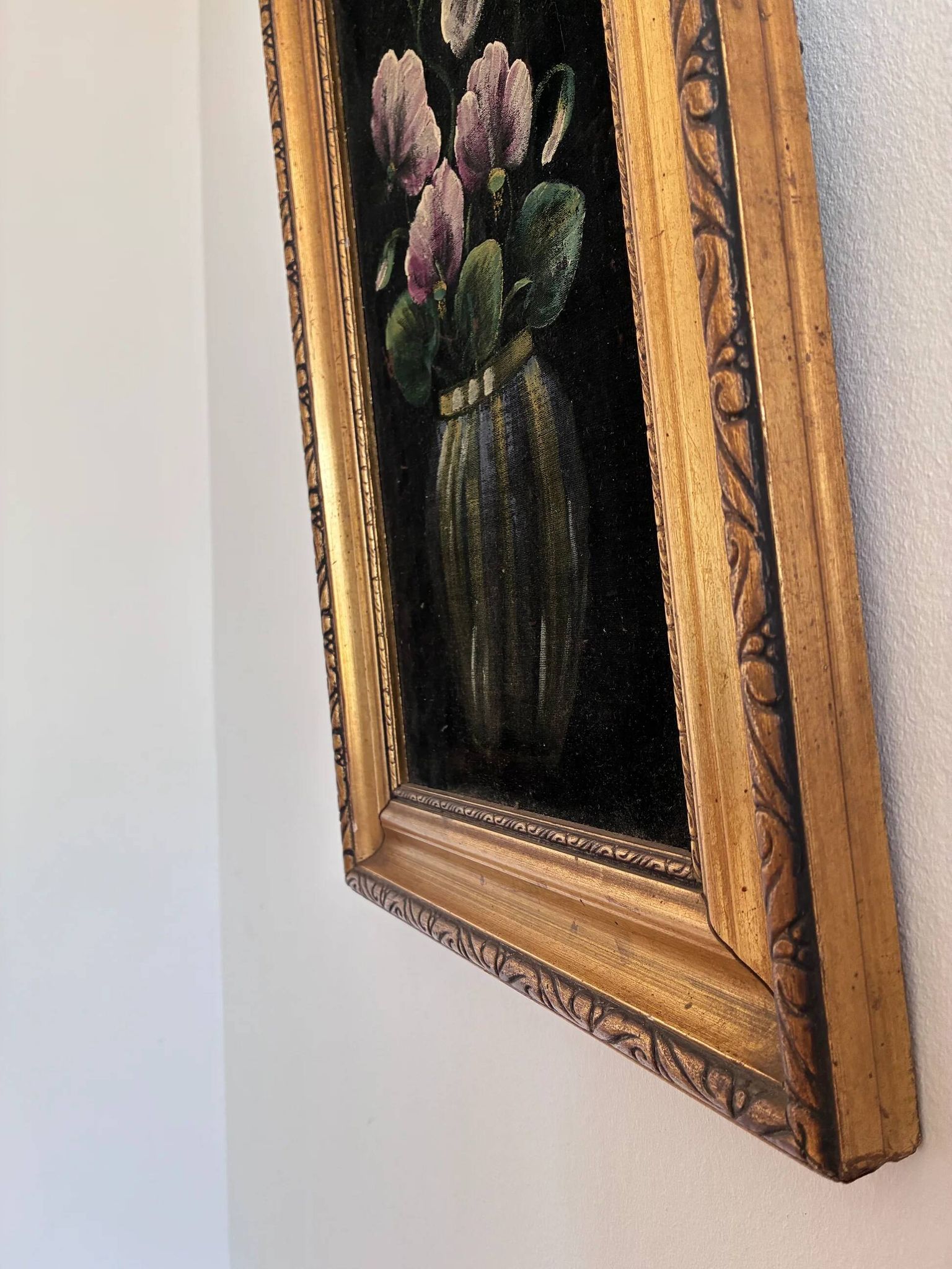 Vintage original velvet flower oil painting, pink flower still life art