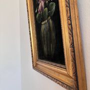 Vintage original velvet flower oil painting, pink flower still life art