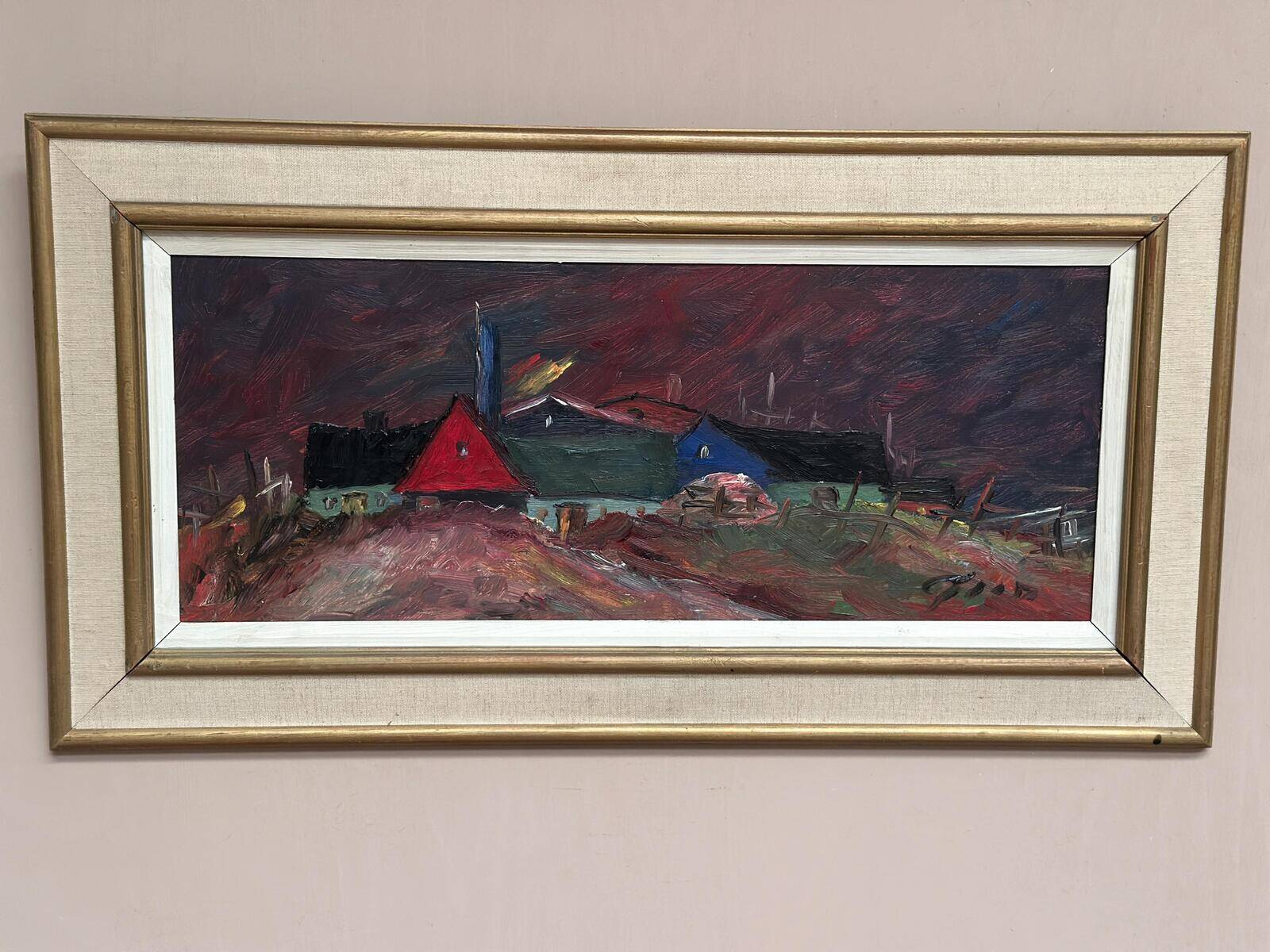 Original Swedish Oil on Panel – “Huts” – Vintage & Framed – 77 × 41 cm