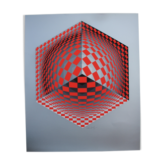 Sérigraphie signée numérotée op art cinétique argenté Victor Vasarely