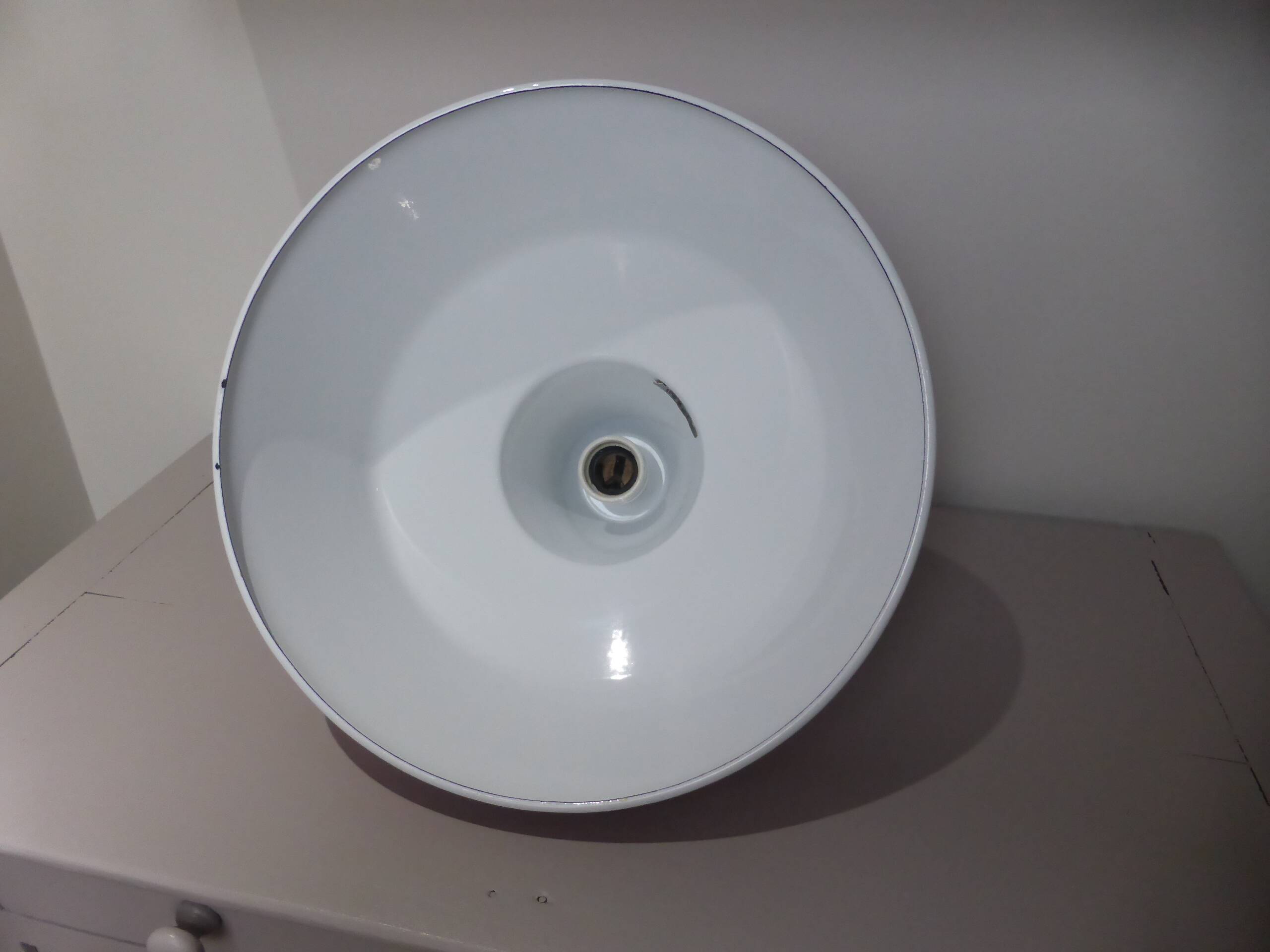 Vintage orange and white enamelled sheet metal industrial pendant light 231135