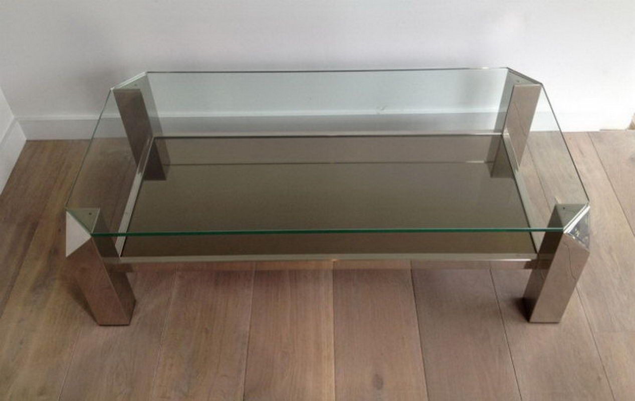 Table basse chromée à plateaux de verre et miroir