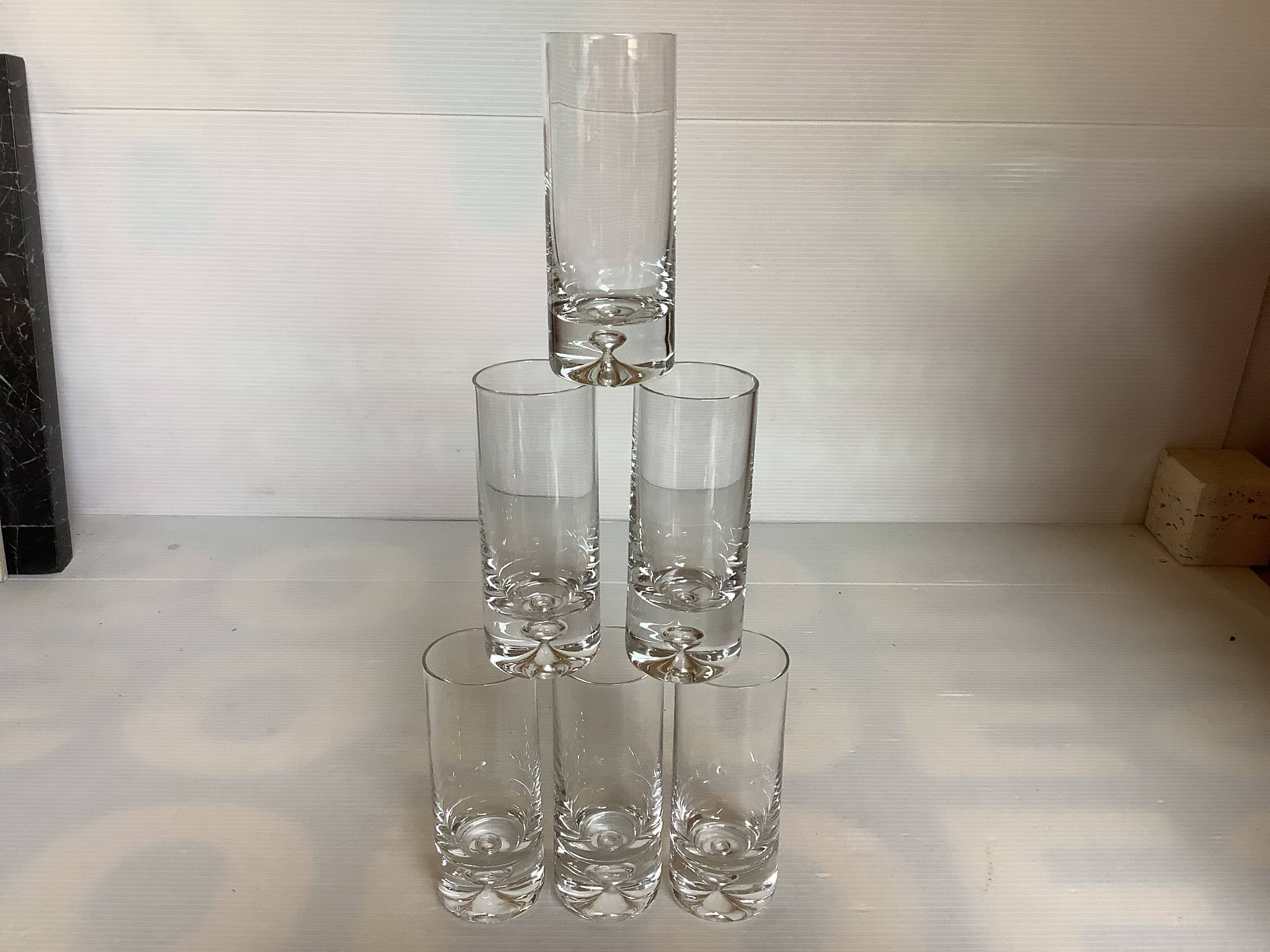 6 small bubble-footed shot glasses in Kosta Boda style.