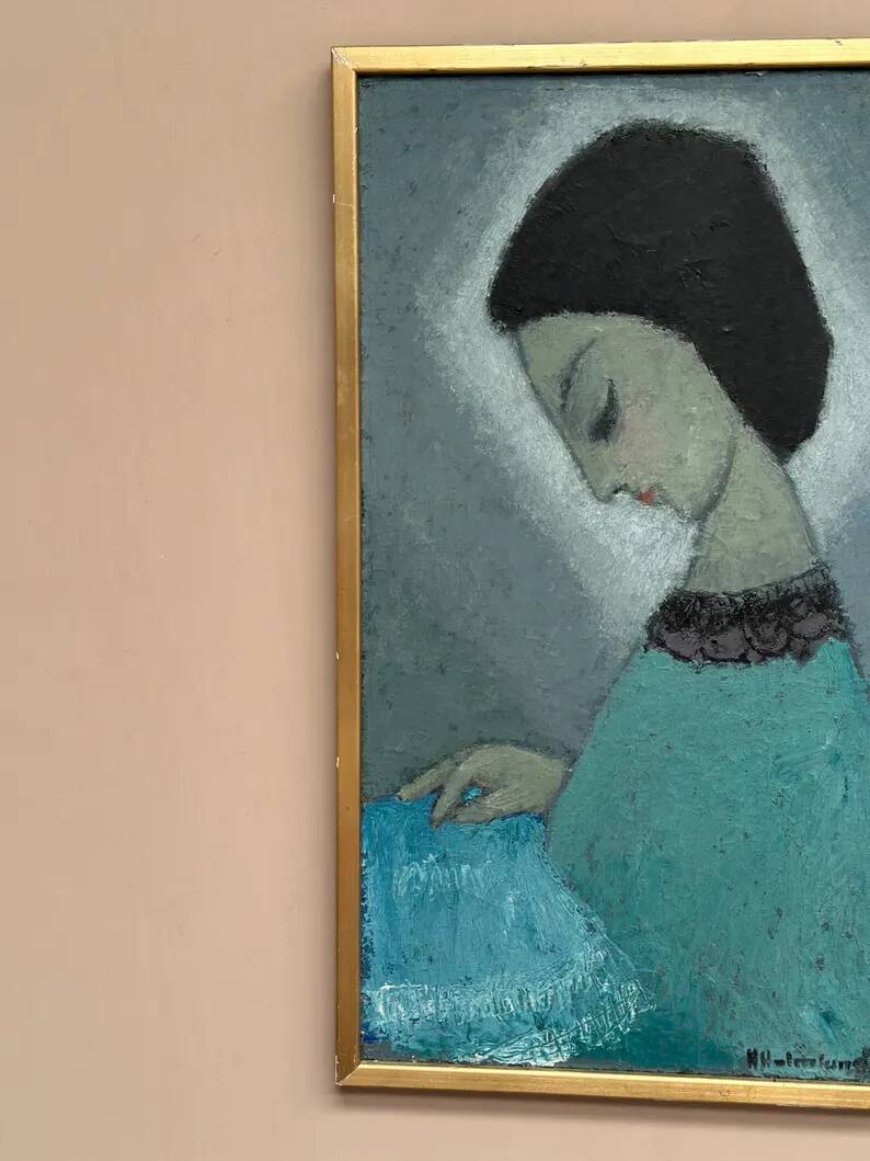 Original Swedish oil on canvas – "Lady" by Helge Holmlund – Signed – vintage and framed – 65 × 36.5 cm (25.6" × 14.4")