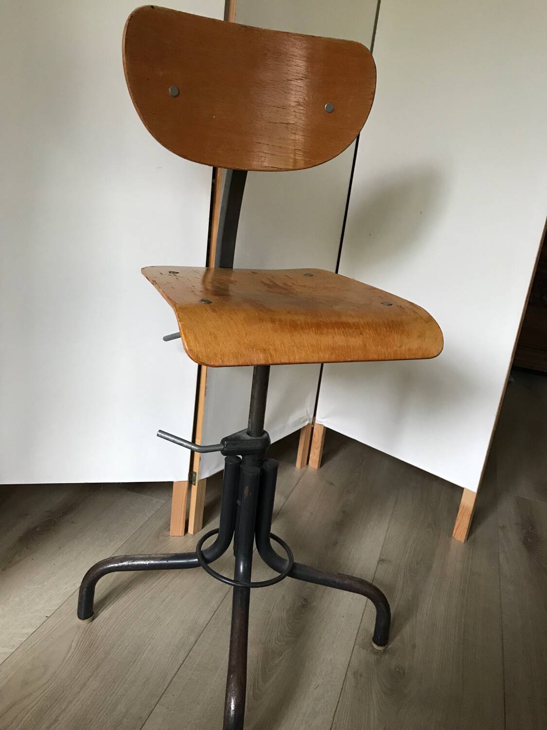 Vintage industrial workshop chair/stool in wood and metal