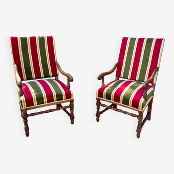 Pair of large Louis XIII style walnut armchairs from the 19th century