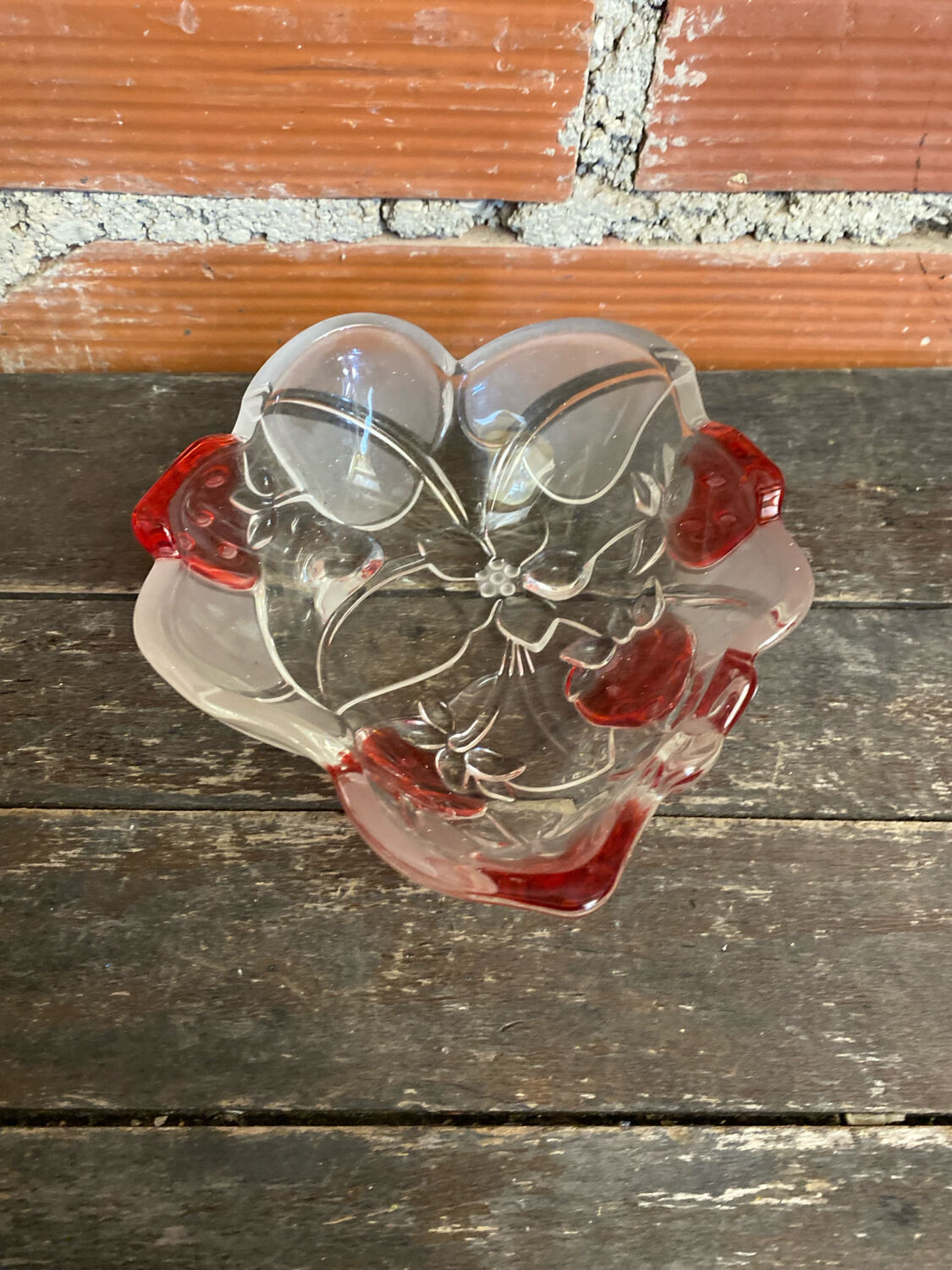 Vintage Ashtray Bowl ANNE HUTTE Style Crystal Strawberry Red Decor