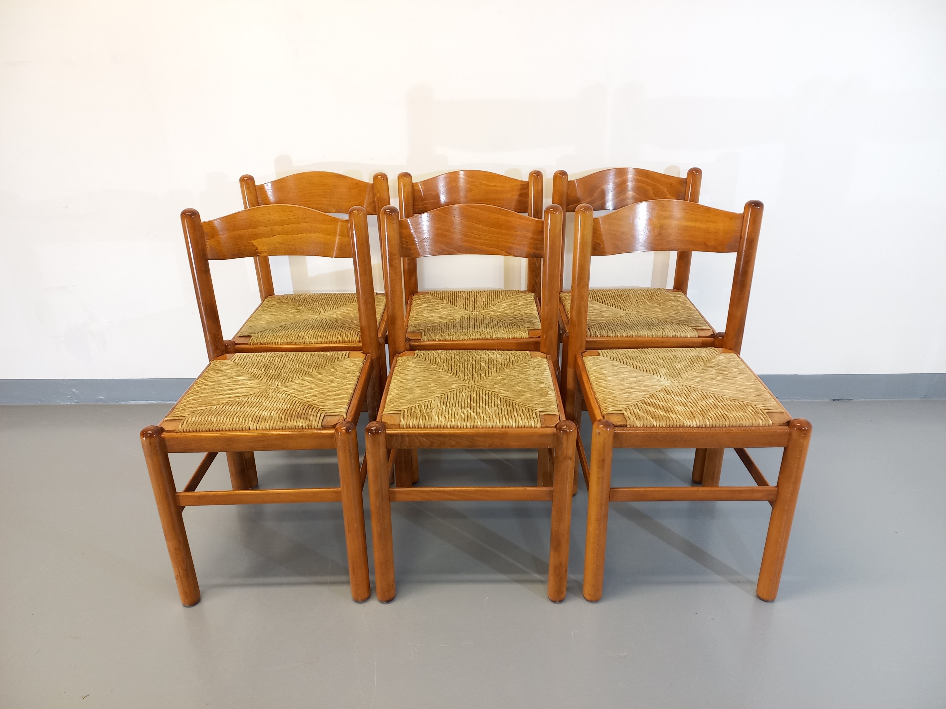 Suite of 6 vintage chairs in light wood and straw from the 70s 80s