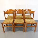 Suite of 6 vintage chairs in light wood and straw from the 70s 80s