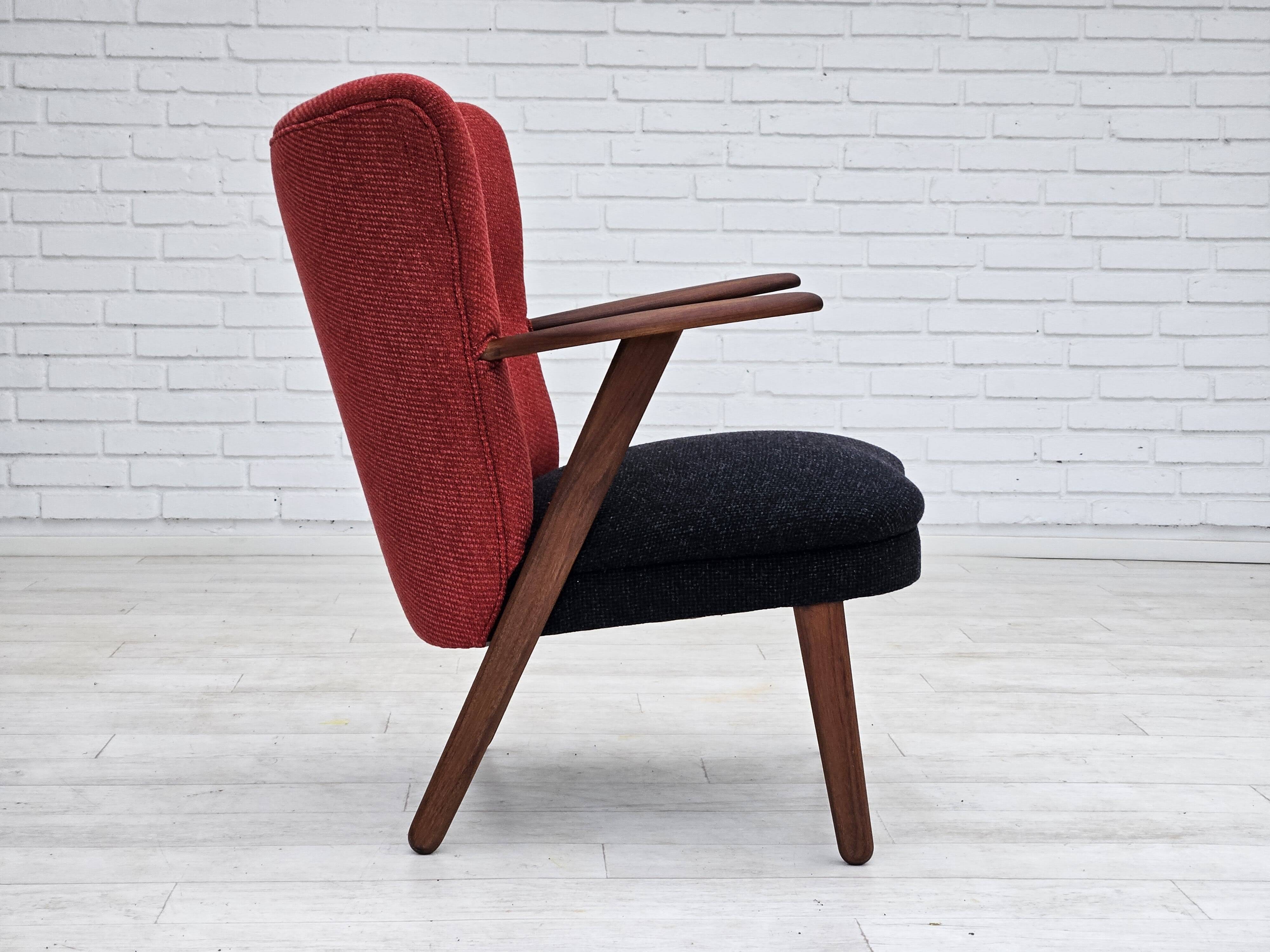 1960s, Danish design by Erhardsen & Andersen, reupholstered armchair, furniture wool, teak wood.