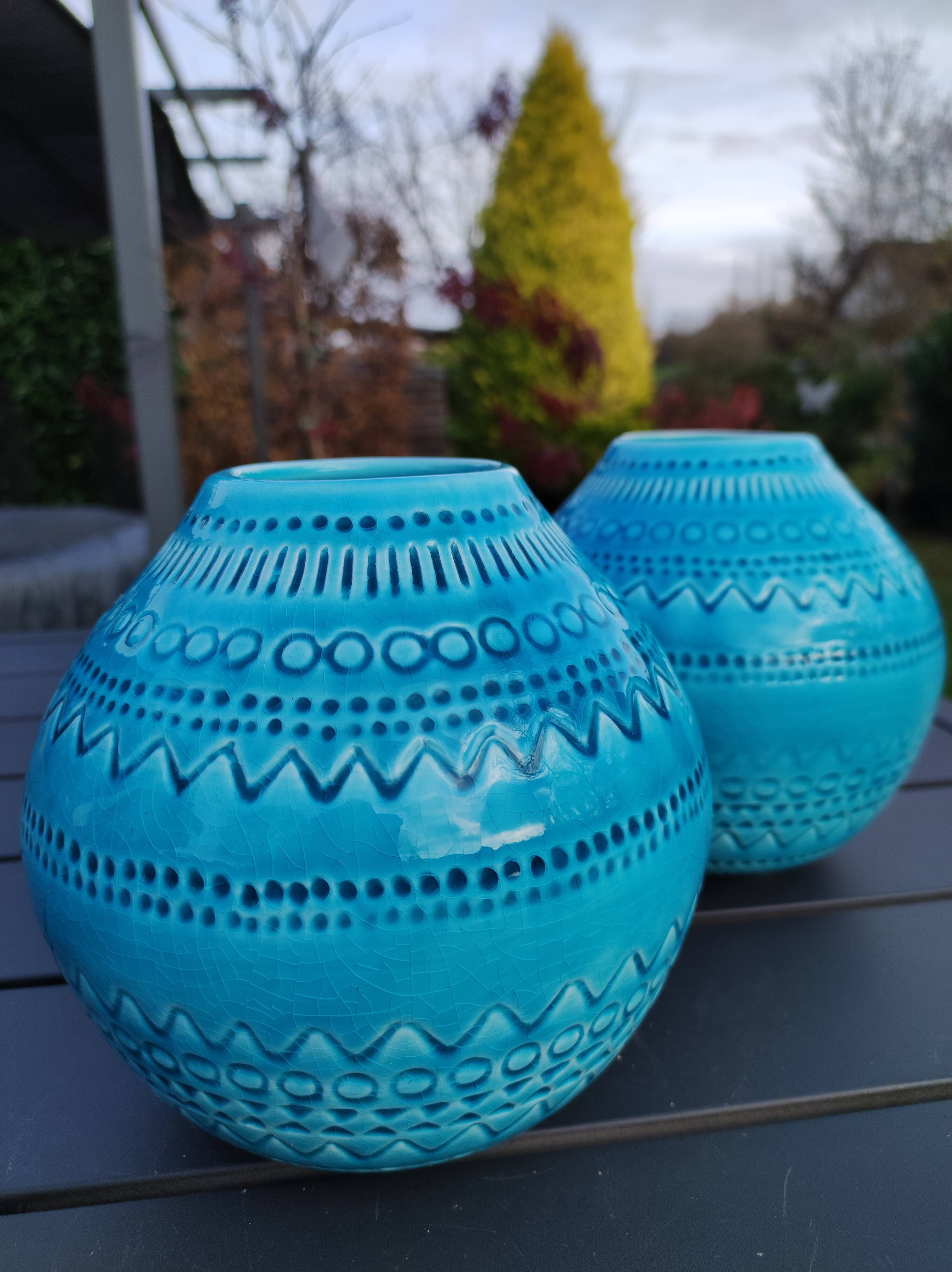 Pair of vases shaped ball stylish Asian. Glazed ceramic