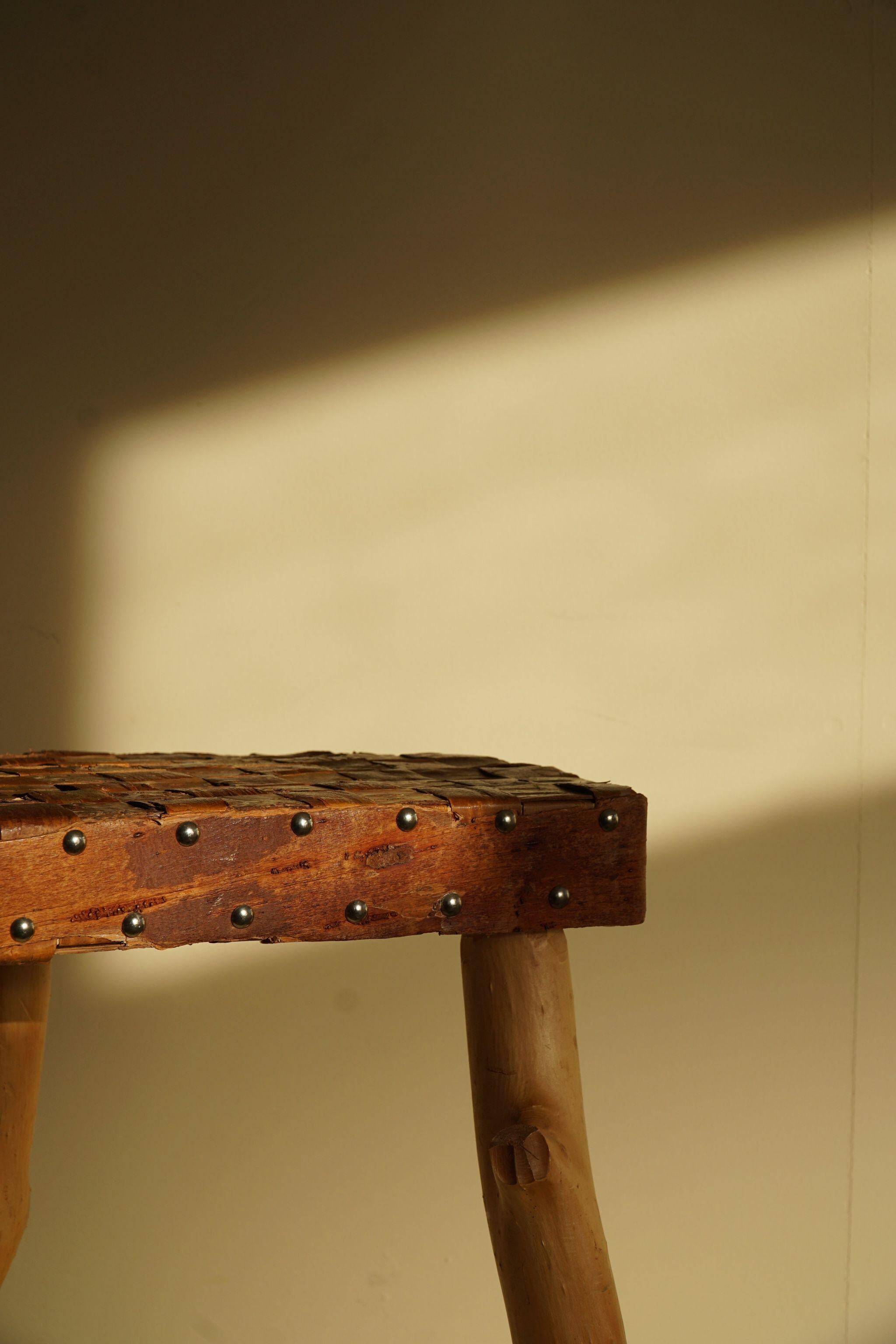 Modern Danish handmade organic wood tripod stool Wabi Sabi, 1960s