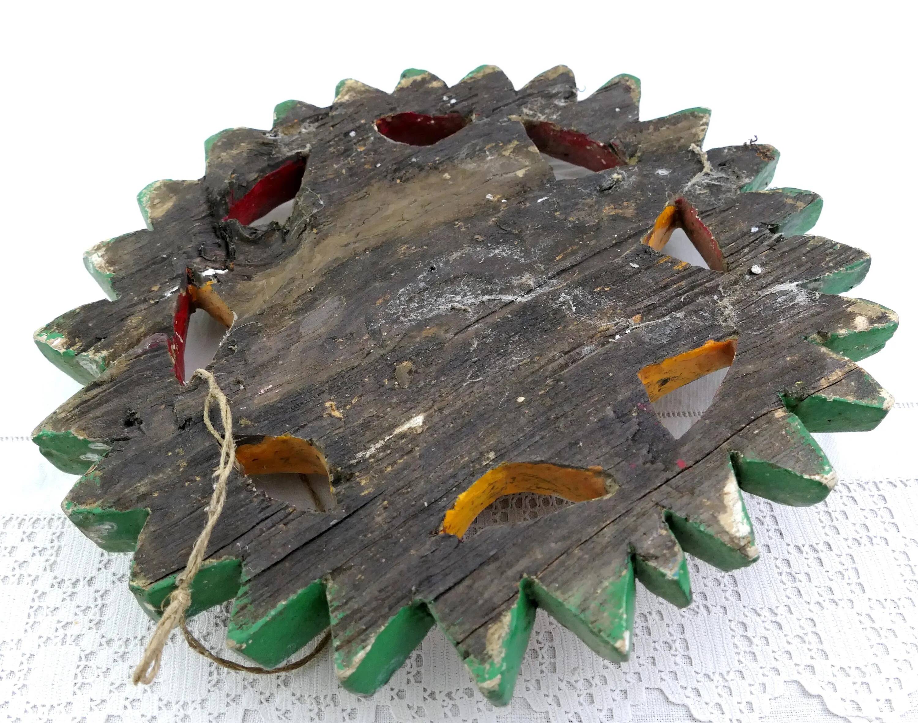 Masque de soleil mexicain vintage en bois sculpté à la main avec laque de couleur vive, art mural décoratif traditionnel rétro d'Amérique du Sud