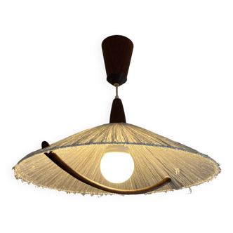 70's pendant light with wood pulley and ecru fabric