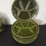 6 old plates with fondue / raw vegetables