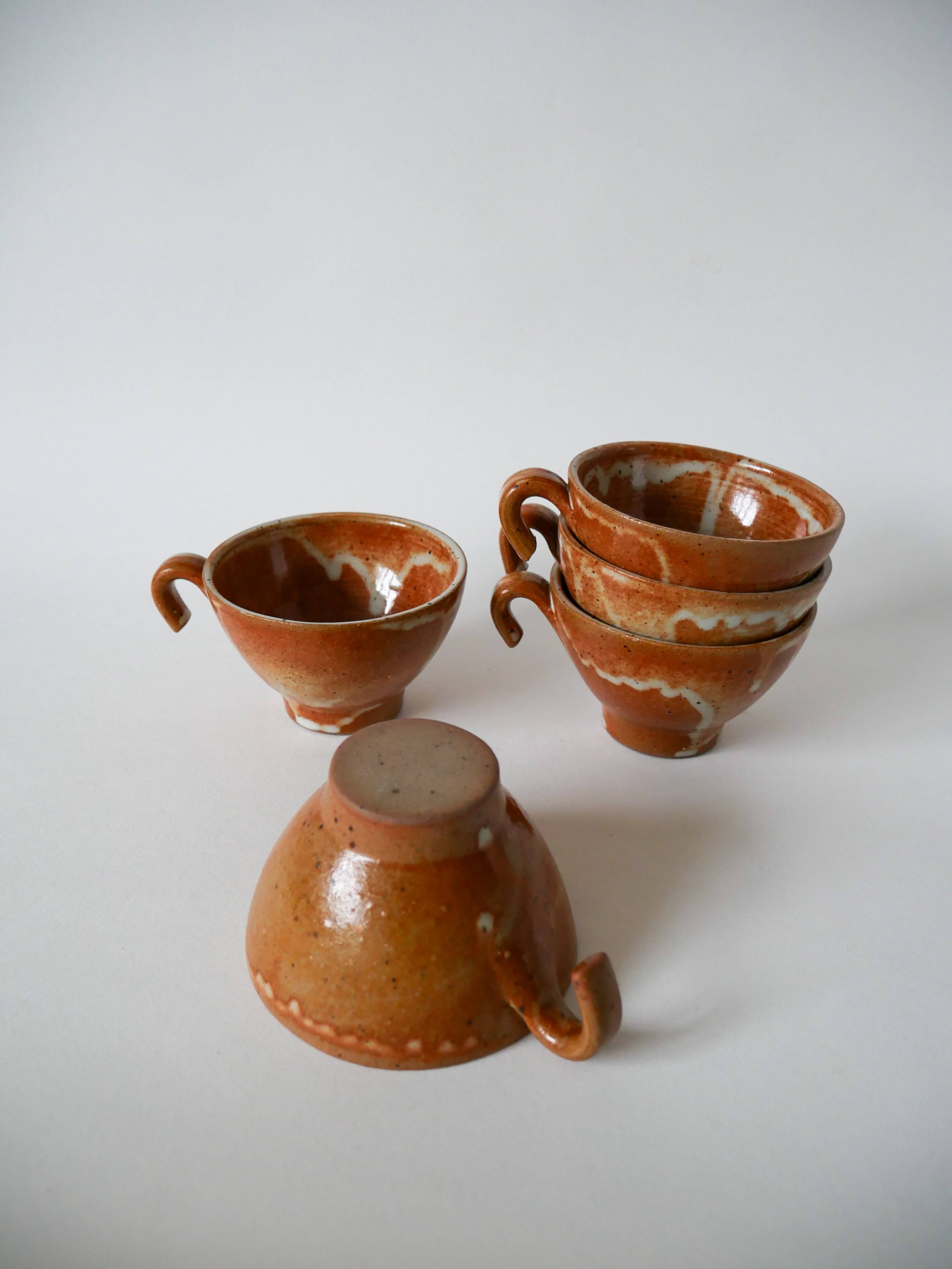 Set of 5 glazed stoneware tea cups 1970