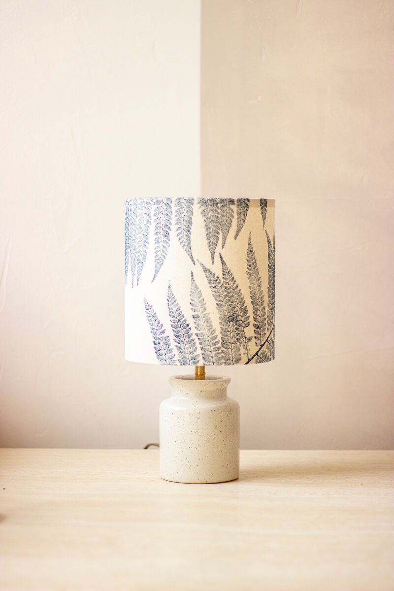 Speckled white enamelled mustard pot lamp - fern pattern