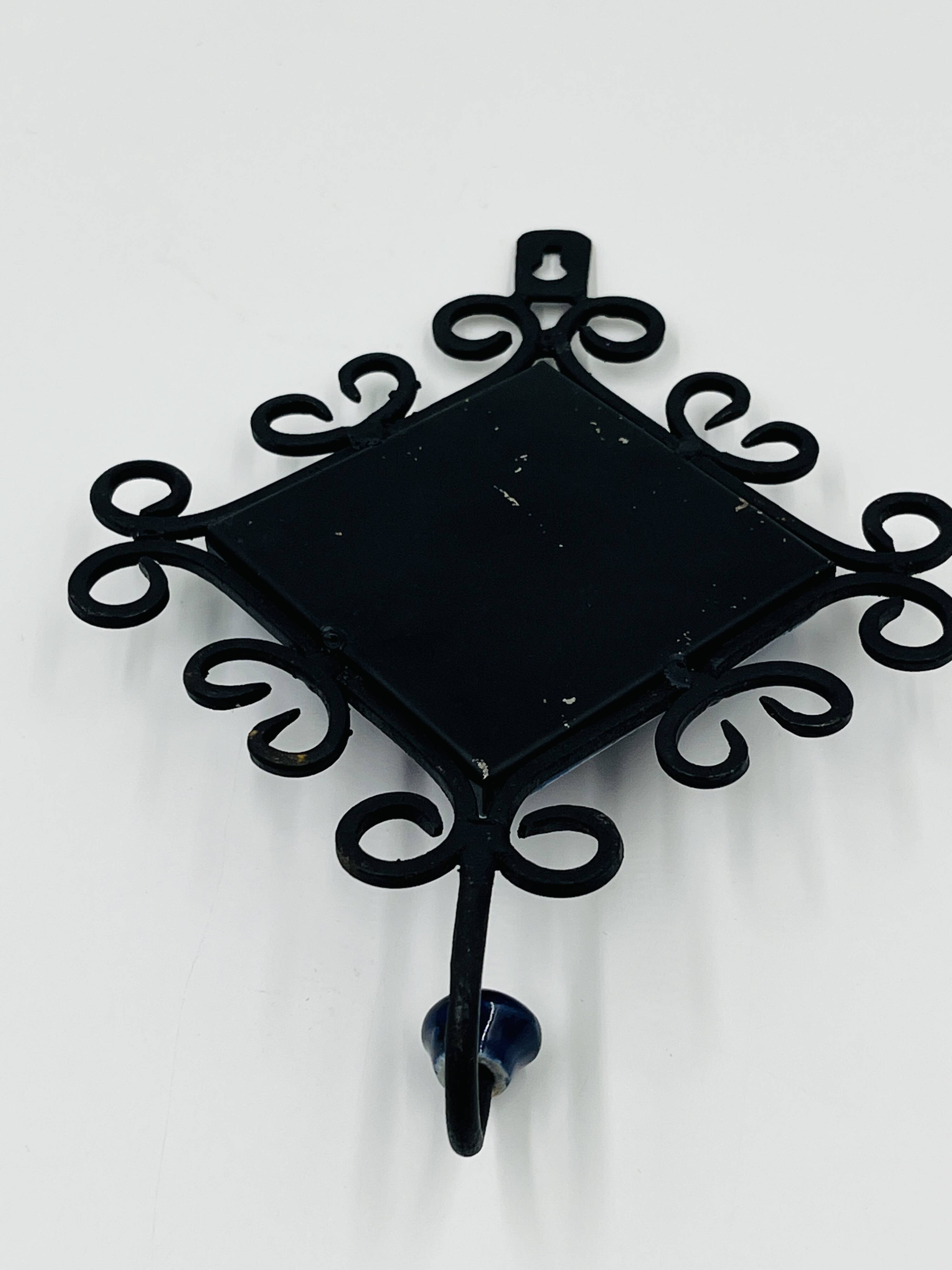 Brutalist Towel Holder Wrought Iron & Ceramic 1970