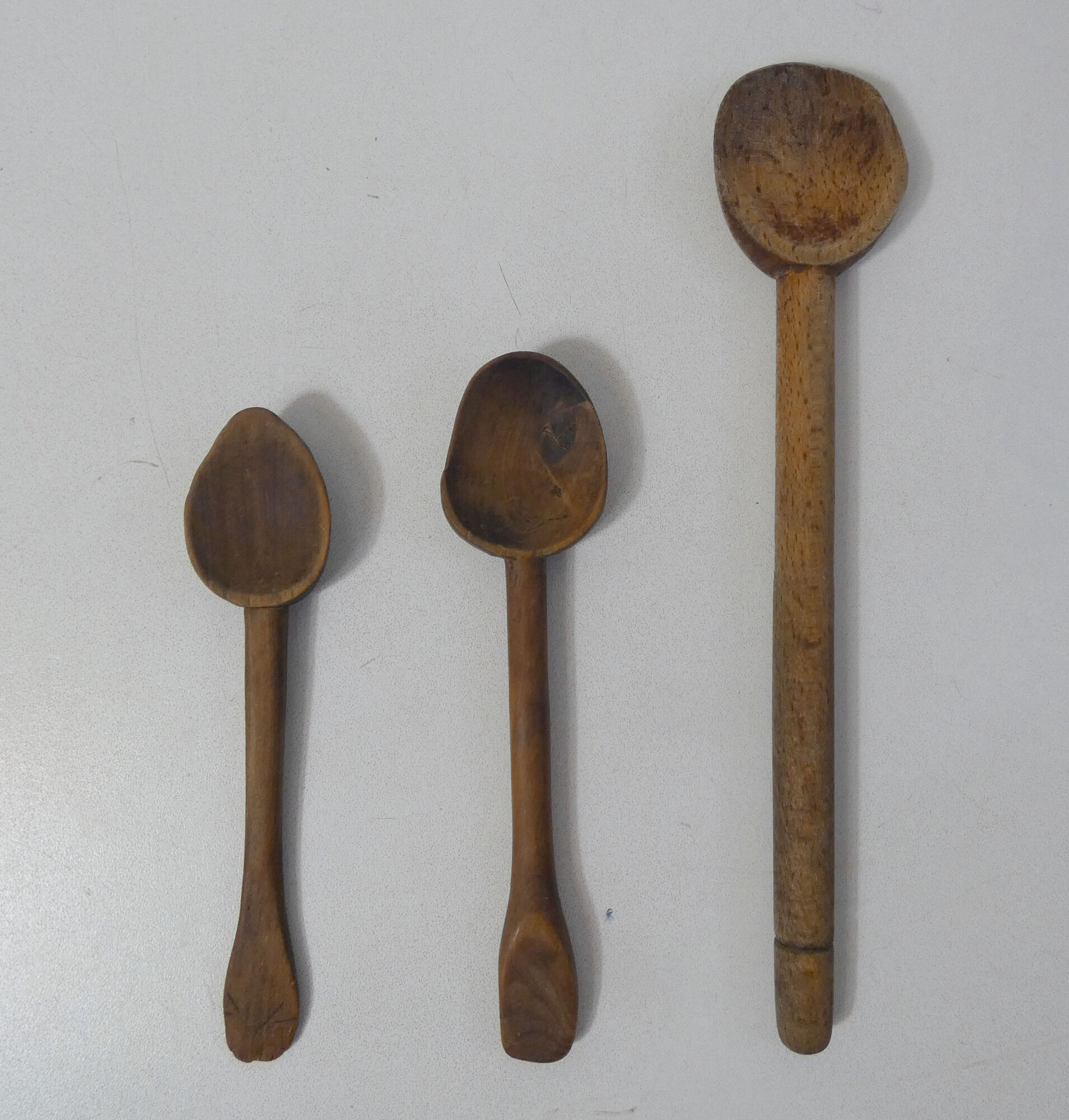 3 old small wooden spoons carved folk art