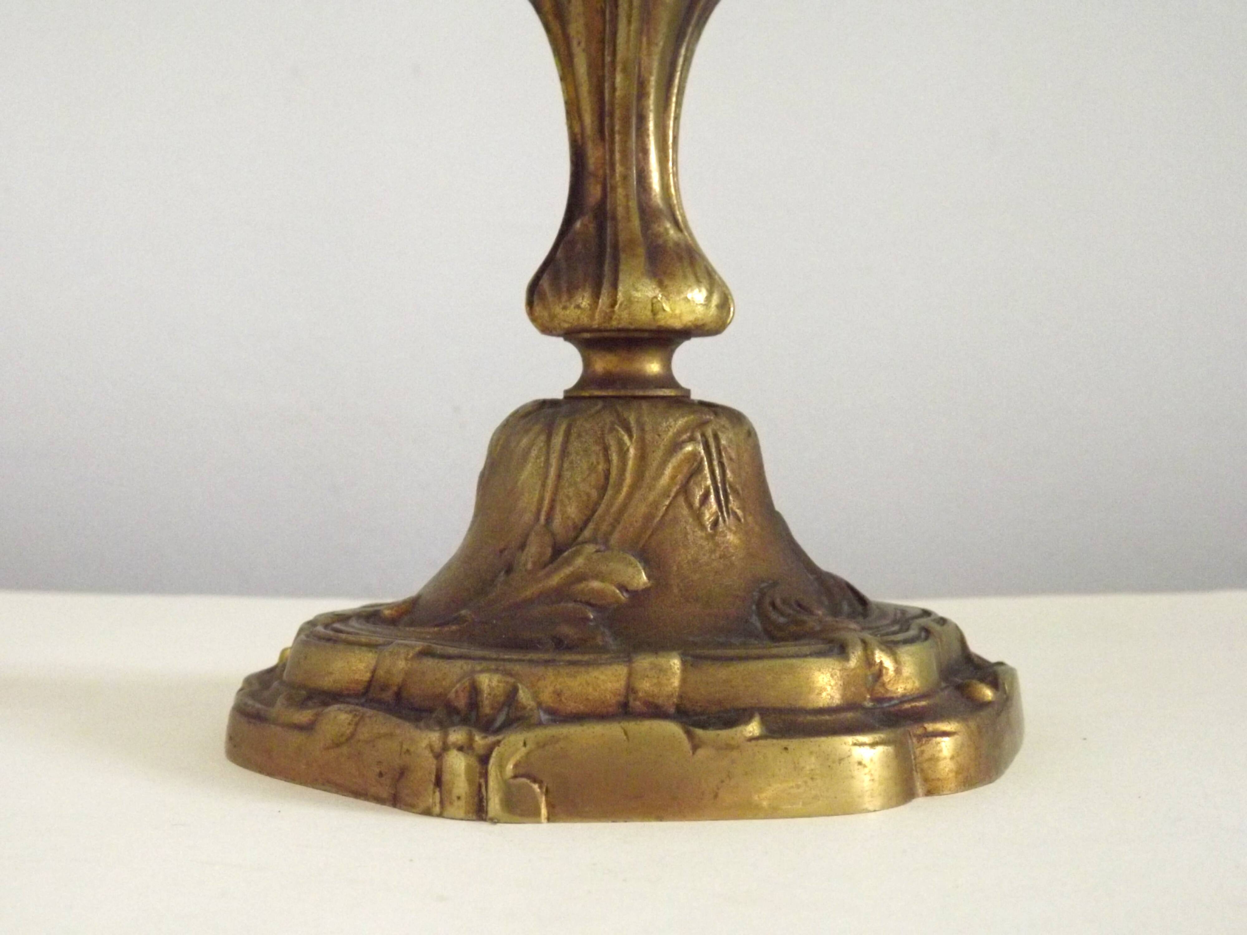 Bronze French Antique Art Nouveau 3-Light Candelabra Lamp Pleated Shade
