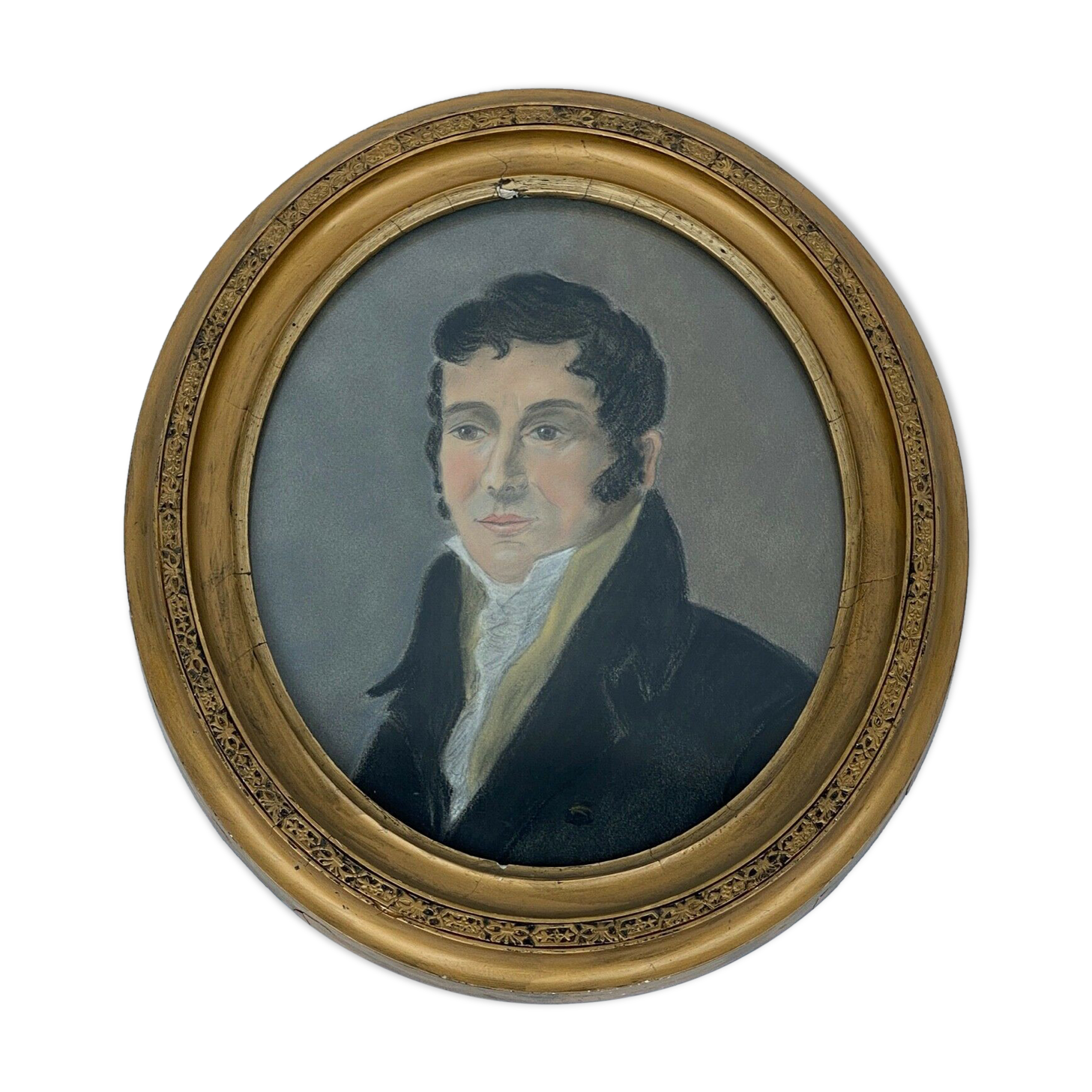 Watercolor on paper portrait man frock coat oval frame dore