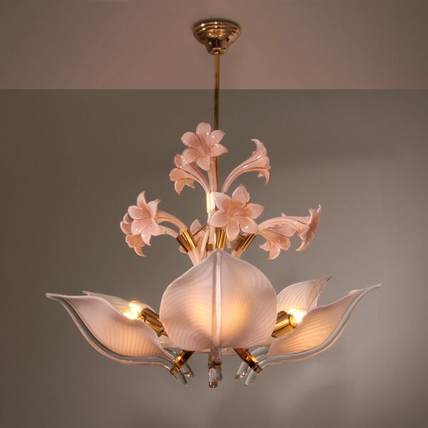Lys rose, spectaculaire lustre de Murano par Franco Luce, 1970