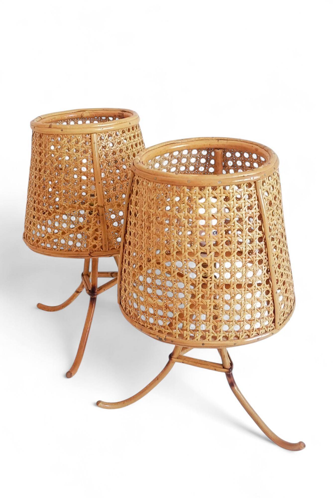 Mid-Century Bamboo and Cane Pair of Large Table Lamps By Louis Sognot, 1970s