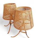 Mid-Century Bamboo and Cane Pair of Large Table Lamps By Louis Sognot, 1970s