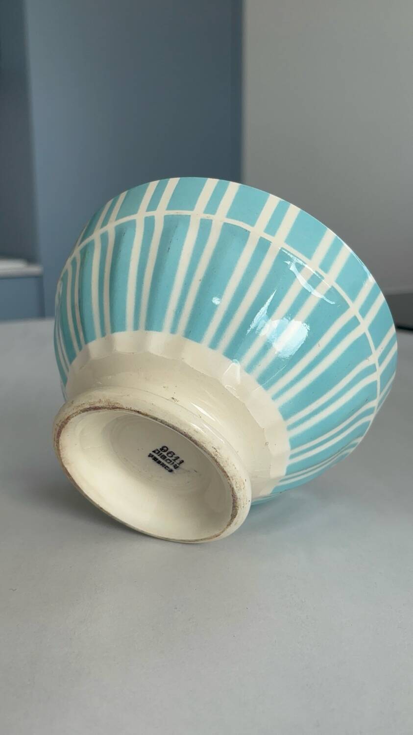 Antique bowl digoin france | blue striped earthenware bowl | collectible tableware