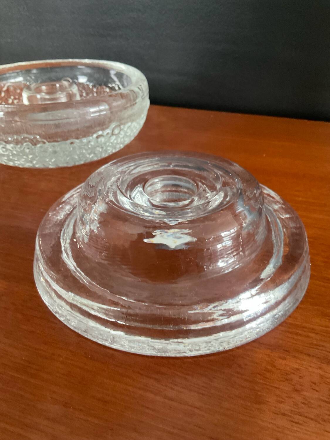 Set of three round thick moulded glass candle holders