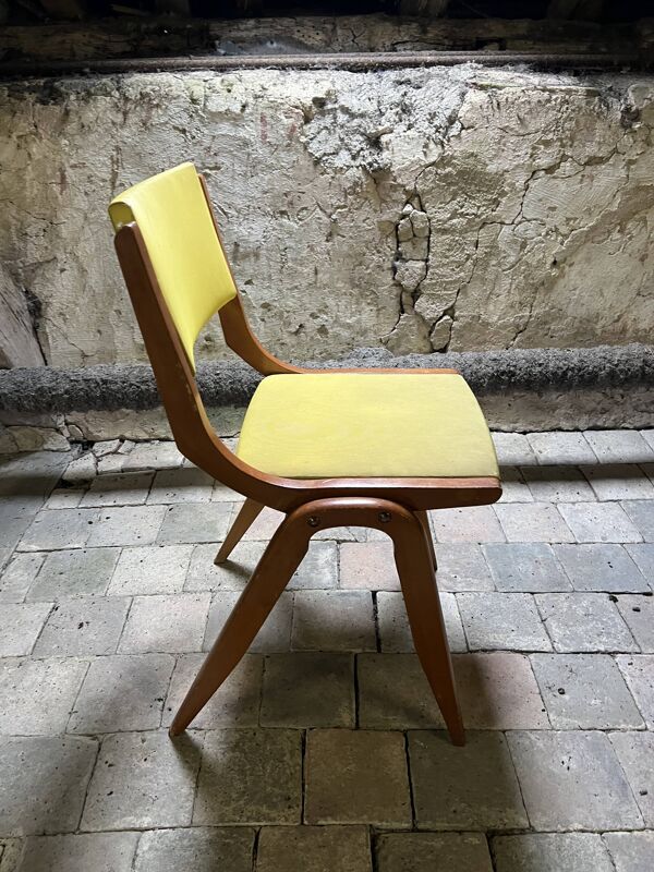 Chaise vintage moderniste en bois courbé et skai jaune - Années 50/60
