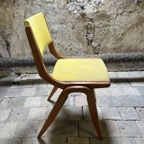 Vintage modernist chair in curved wood and yellow leatherette - 50s/60s