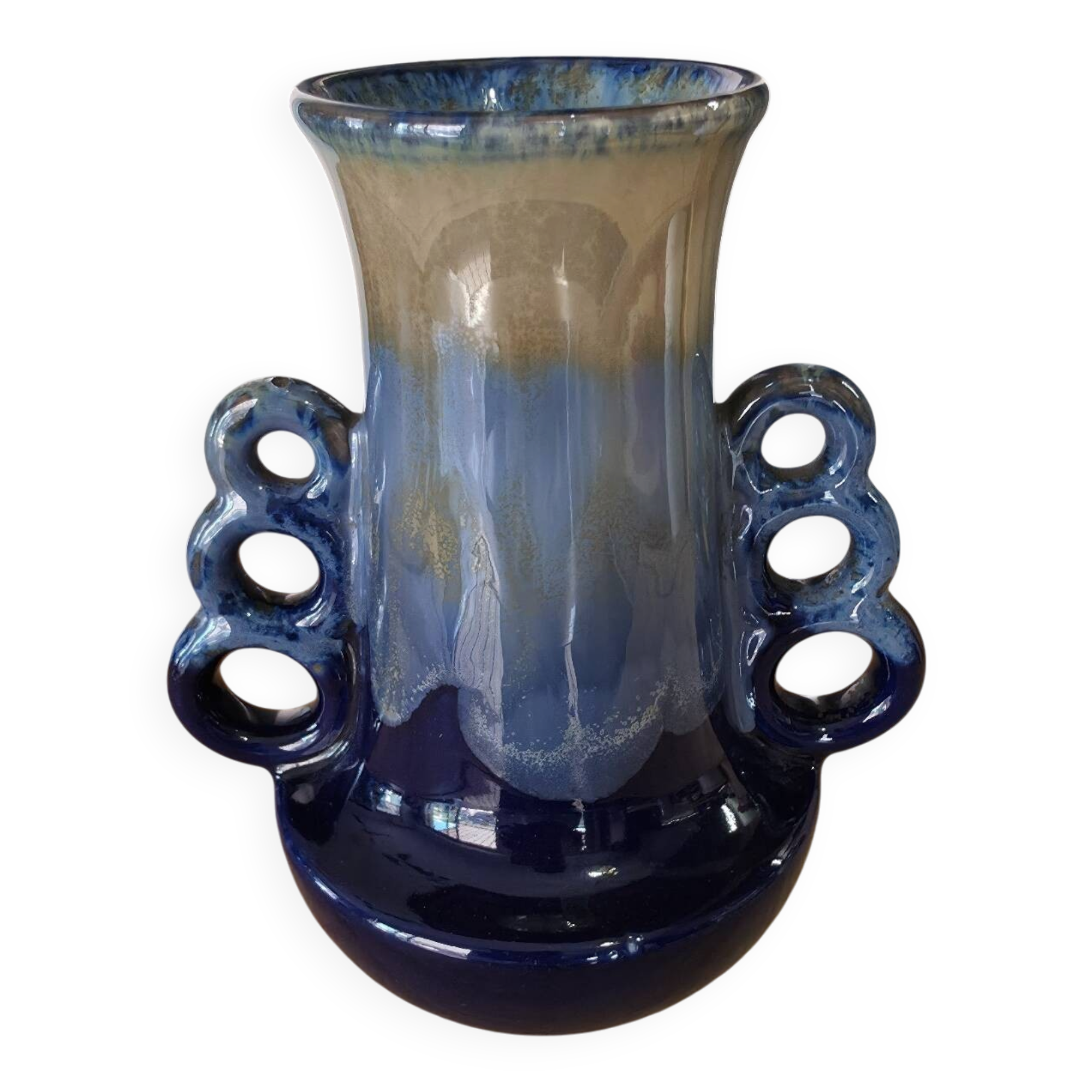 Antique Art Deco vase in blue flame stoneware, numbered 251.