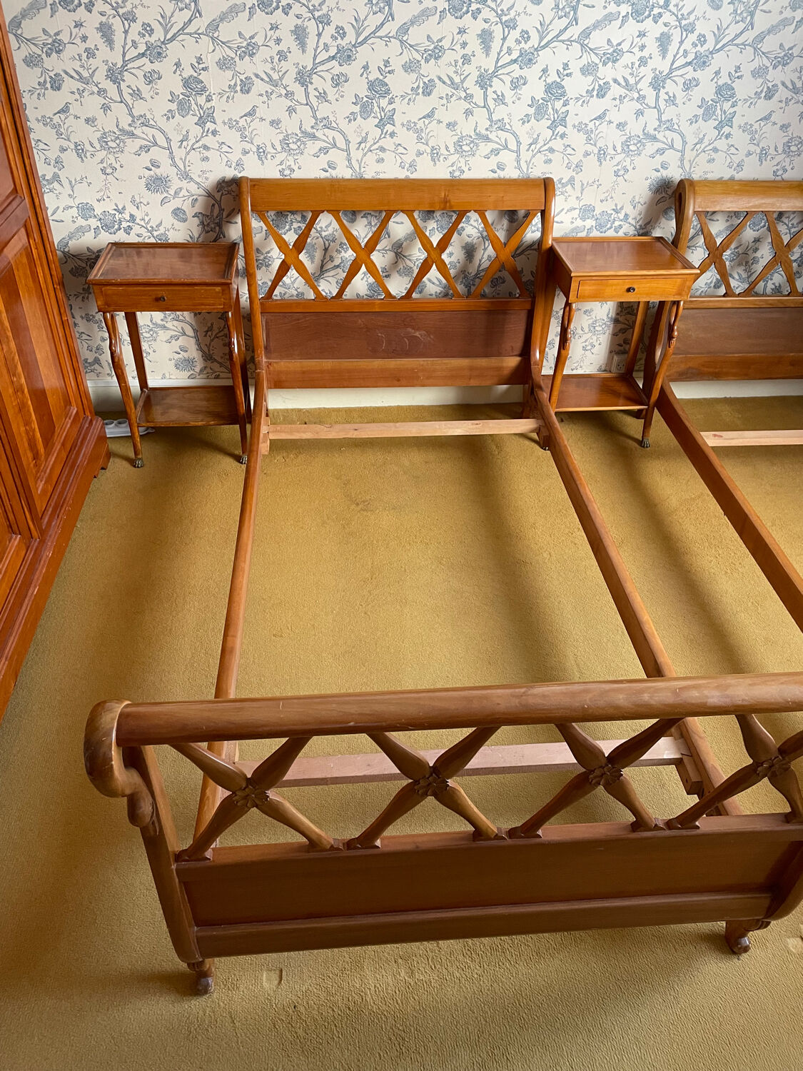 Pair of empire style swan neck beds and bedside tables